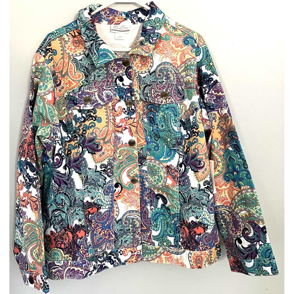 Bend Over Jacket Womens 20W Multicolor Paisley Denim Trucker Plus Size Stretch